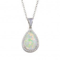 Silver necklace with a pear-shaped opal pendant surrounded by small, clear stones.