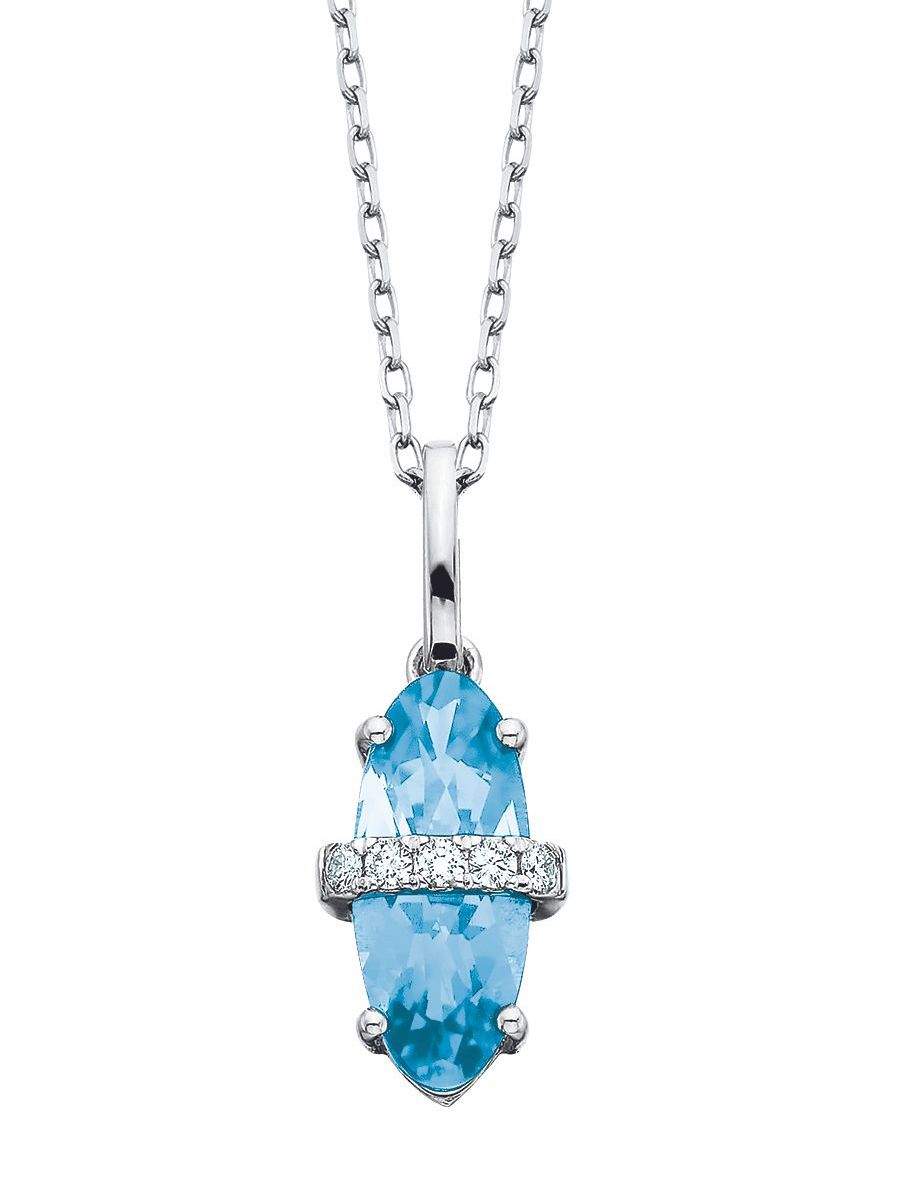 Blue gemstone pendant necklace with diamond accents on a white background.