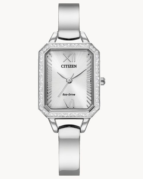 Silver Citizen women's wristwatch, rectangular face, diamond bezel, silver band.