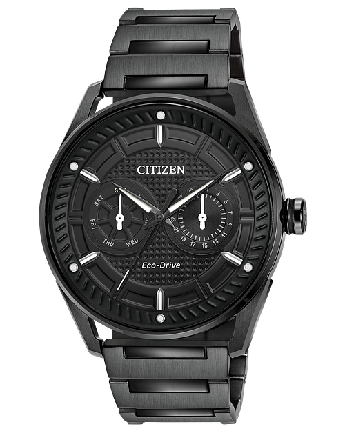 Black Citizen Eco-Drive watch with textured face and stainless steel band.