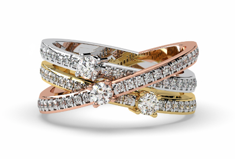 Three-tone diamond crossover ring: white gold, yellow gold, and rose gold bands, each with a row of diamonds.