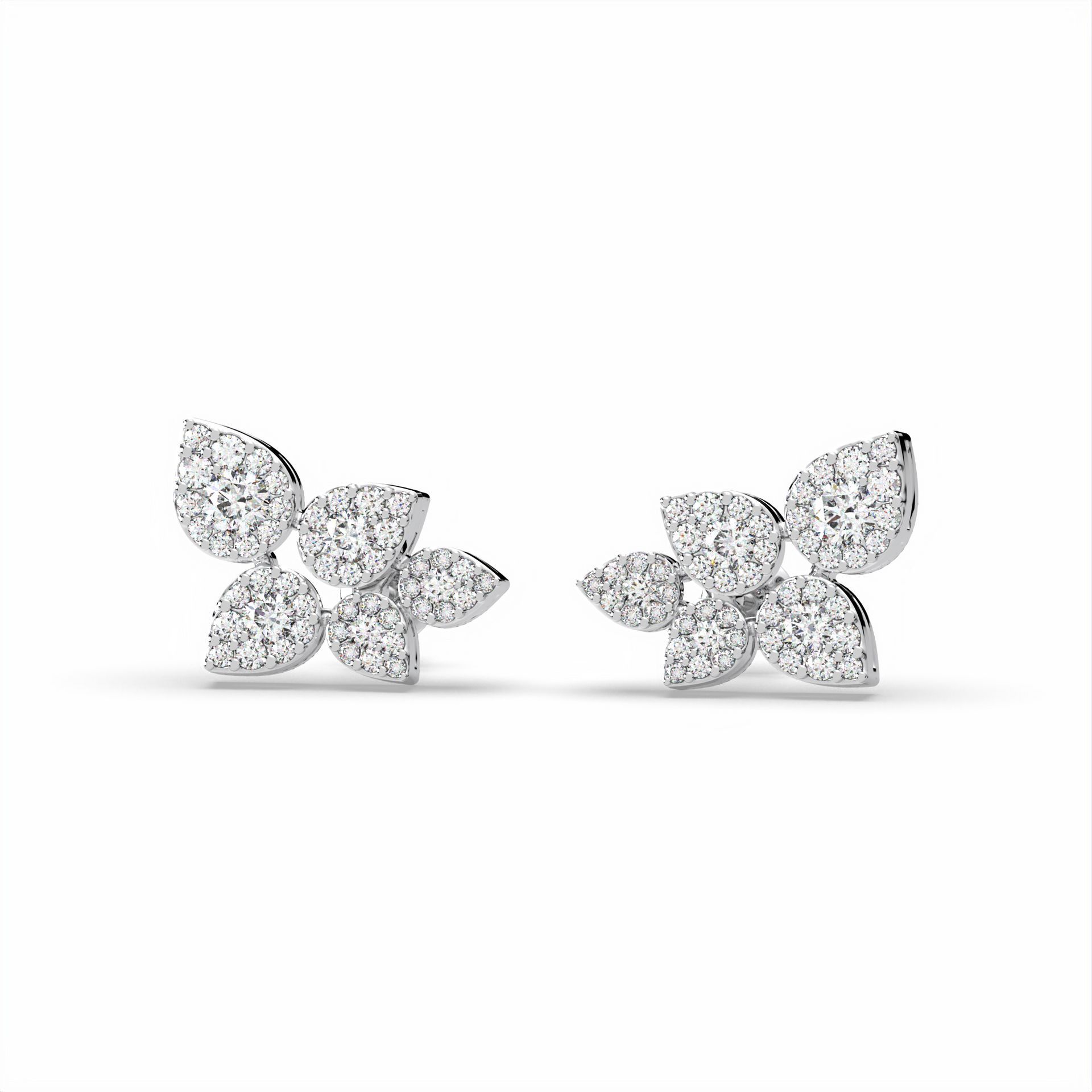 Diamond cluster stud earrings in the shape of stylized leaves.