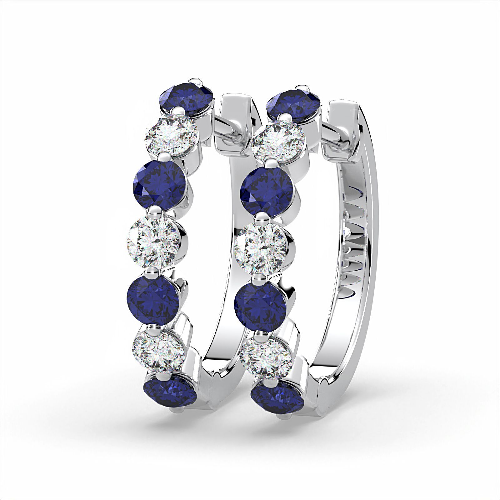 Pair of white gold hoop earrings with alternating blue sapphires and white diamonds.