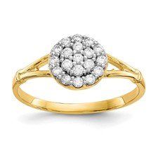 Gold ring with a circular cluster of small, clear stones on the band.