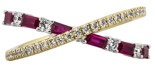 Gold ring with intersecting bands, one with rubies, the other with diamonds.
