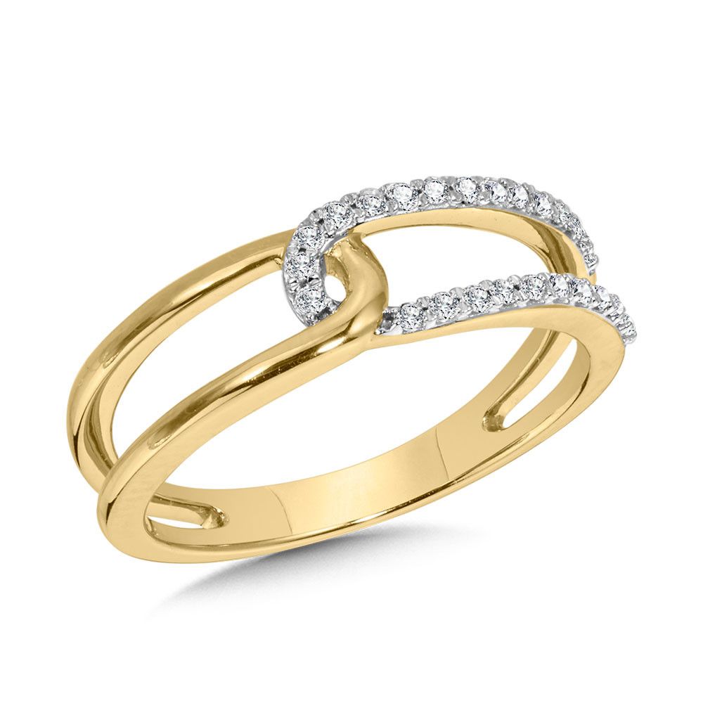Three-tone diamond crossover ring: white gold, yellow gold, and rose gold bands, each with a row of diamonds.