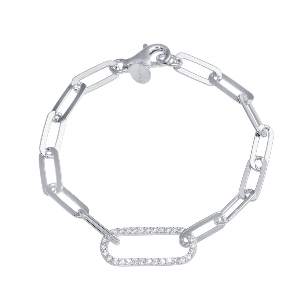 Silver link bracelet with a diamond-covered oval center link.