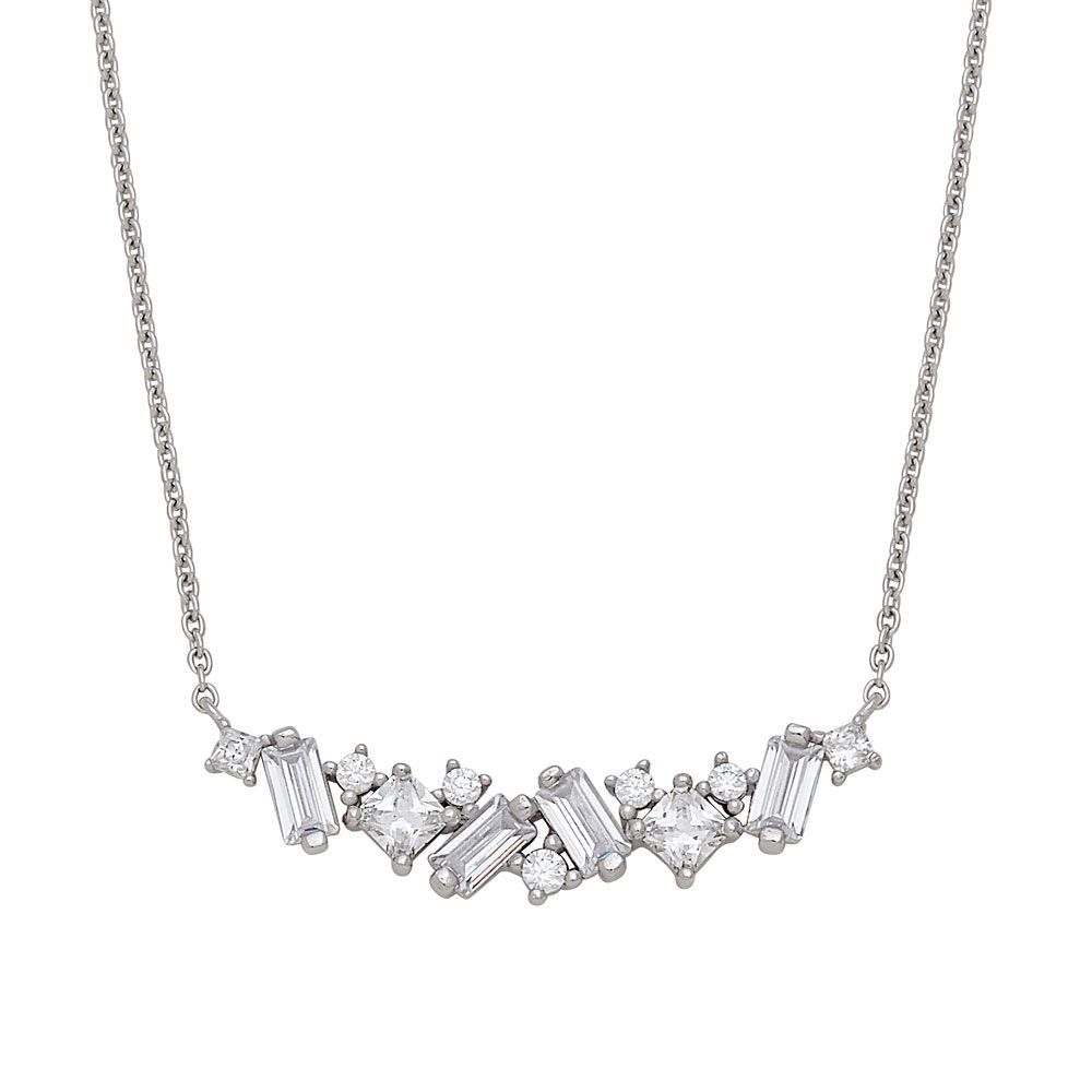Silver necklace with a curved bar of various-cut clear gemstones.