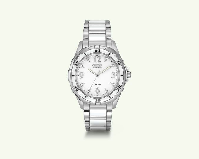 Silver wristwatch with white dial and bracelet.