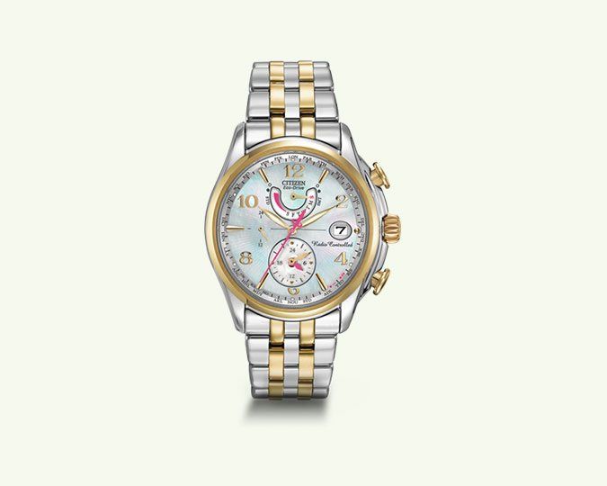 Two-tone gold and silver wristwatch with mother-of-pearl face, date display, and chronograph subdials.
