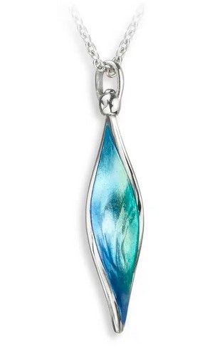 Silver pendant necklace with blue and turquoise enamel teardrop shape.