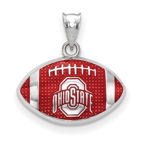 Silver Ohio State football pendant with red enamel, white lettering.