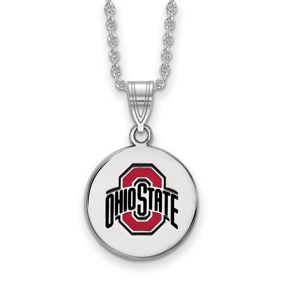 Silver Ohio State Buckeyes necklace with the team logo on a circular pendant.