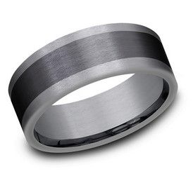 Gray and black band ring with brushed metal finish.