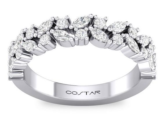 Diamond ring with marquise and round cut stones, white gold band.