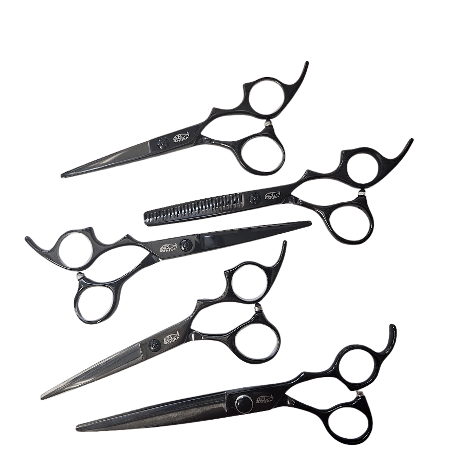 Bonika Raven collection featuring the B-BKT 30-tooth thinning shear and black cutting shears