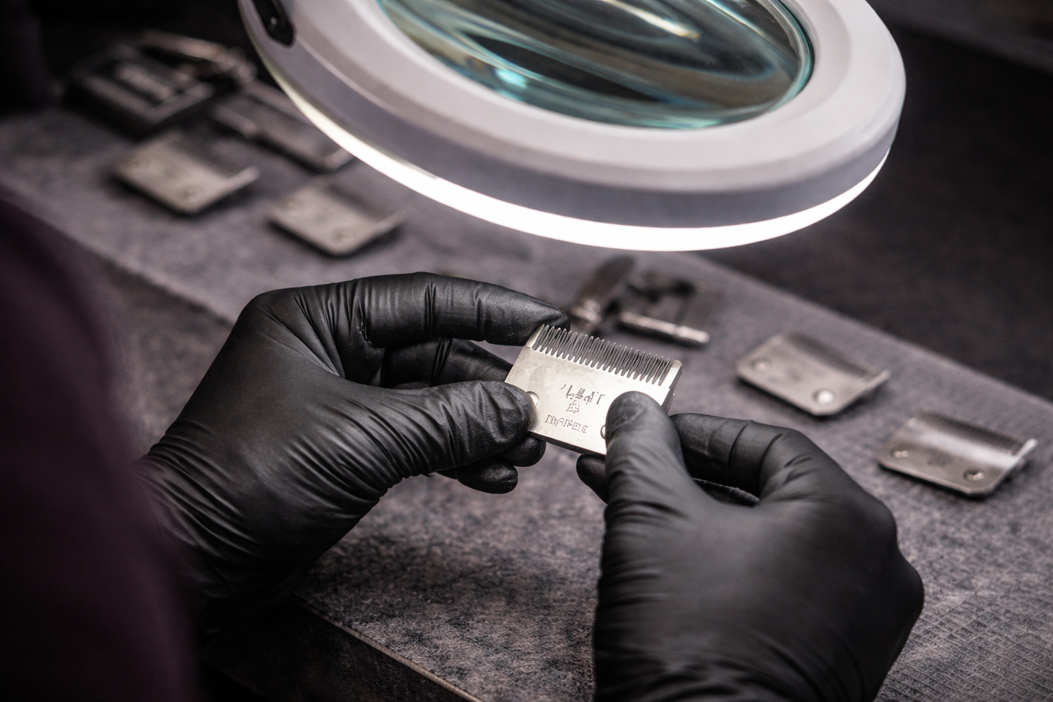 Hands in black gloves examine metal parts under a magnifying lamp.