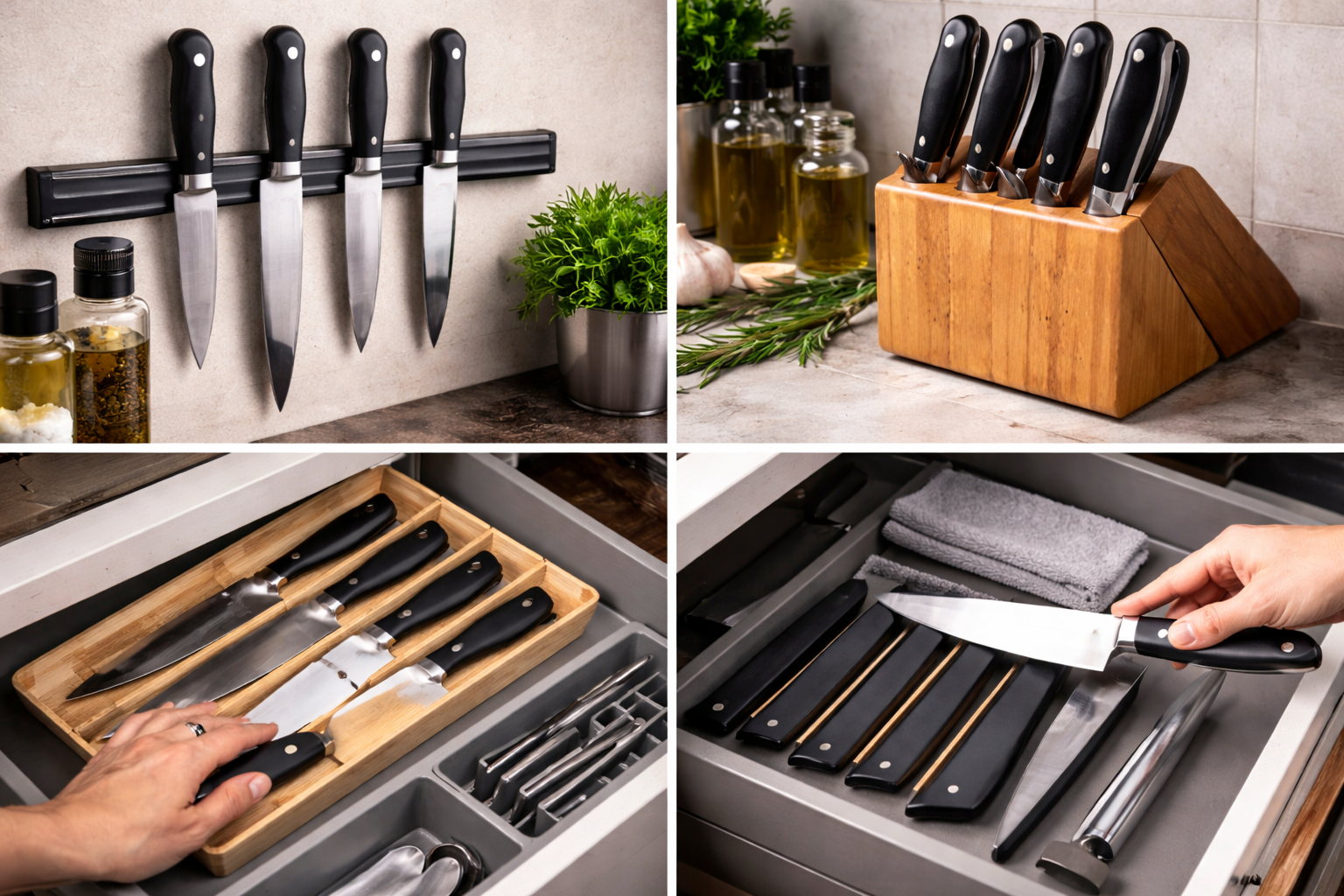 Collection of kitchen knives displayed on a magnetic strip, block, and drawer organizer.