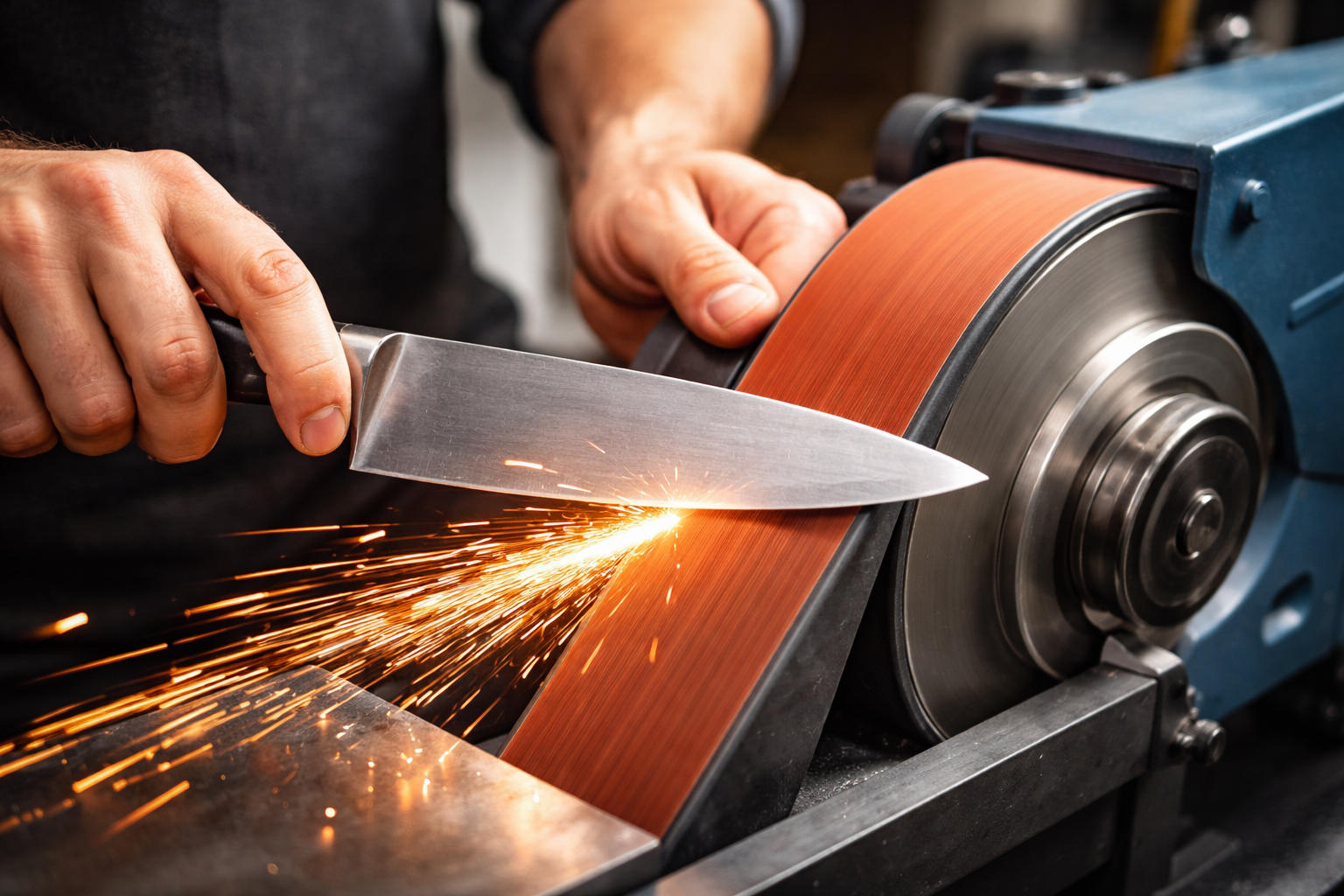 Professional knife sharpening in Jacksonville using a belt grinder to restore a sharp kitchen knife