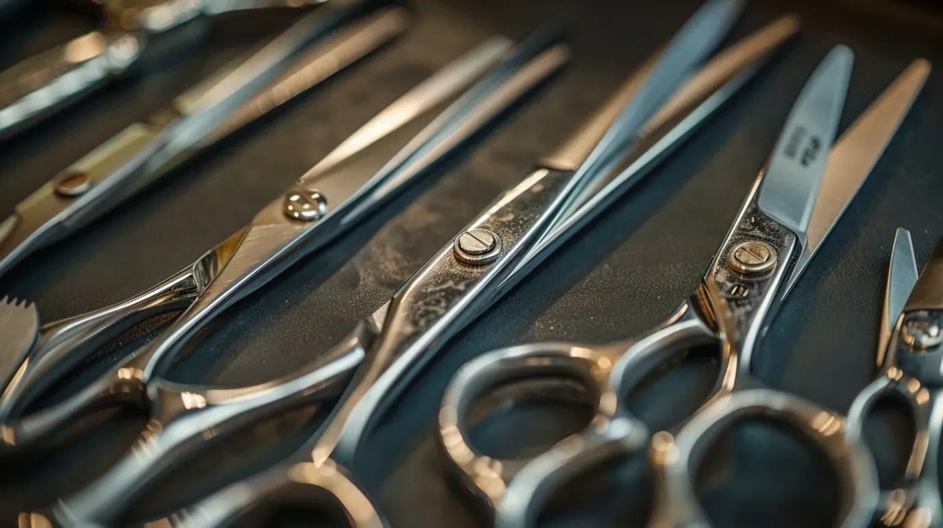 Close-up of various silver barber shears in a row, on a dark surface.