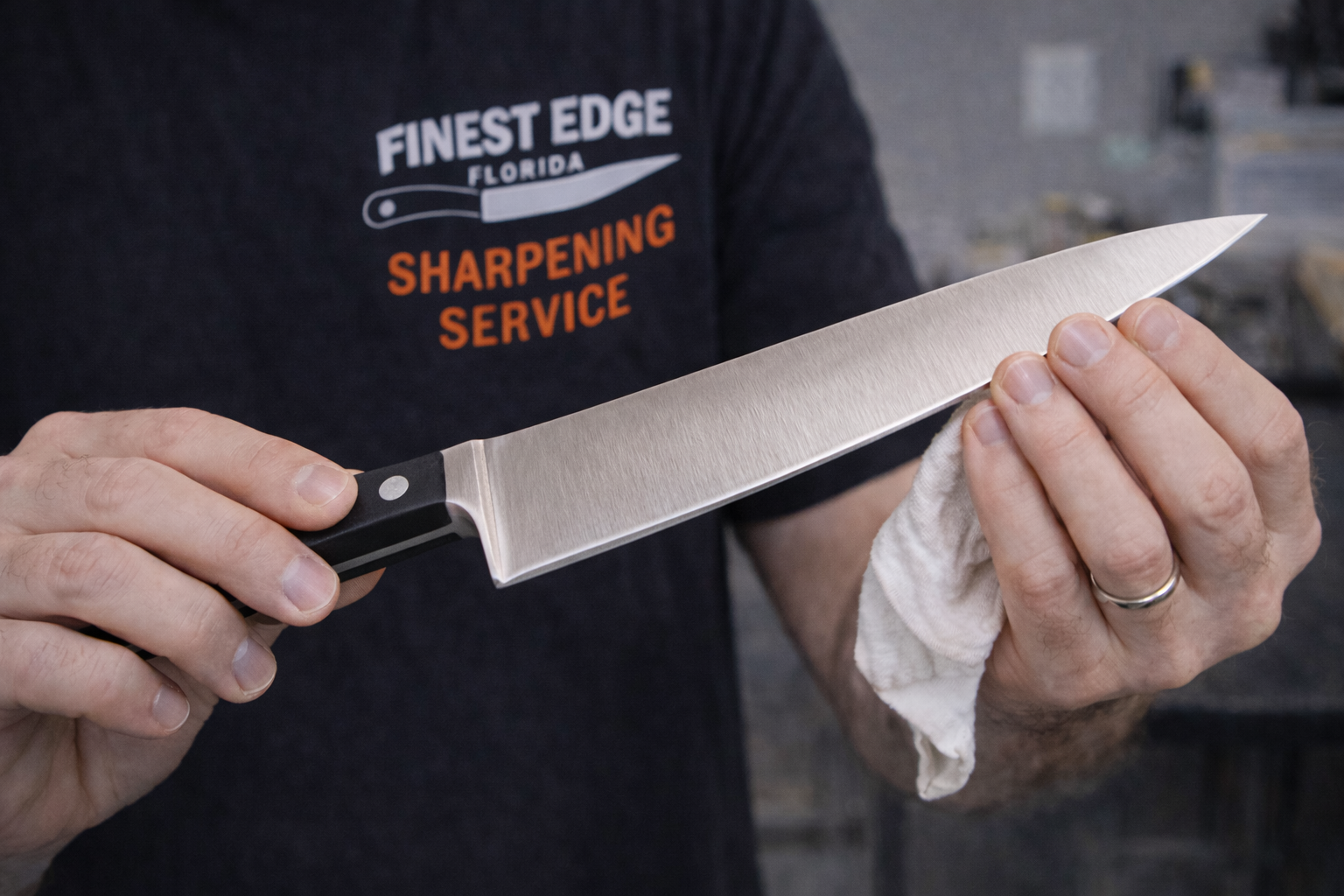 Person holding a large, sharp chef's knife, wiping the blade with a cloth