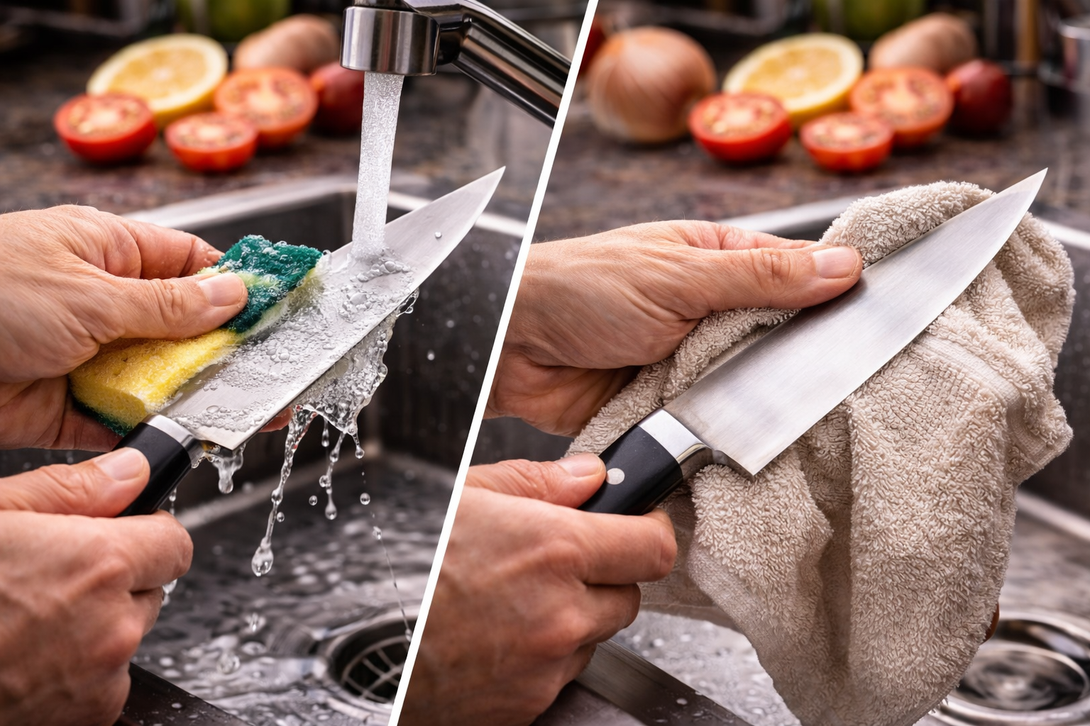 A person washing a knife in a sink and a row of knives on a magnetic strip.