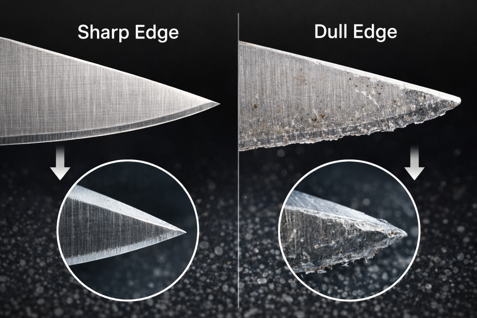 Comparison of a sharp knife edge and a dull knife edge, with magnified views.