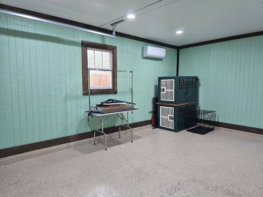 A grooming room with green walls, a table, window, dog crates, and an air conditioner.