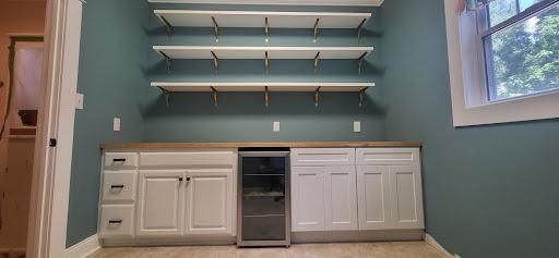 A room with teal walls