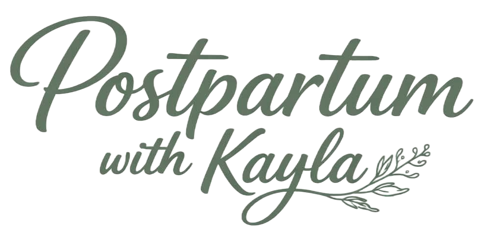 Postpartum with Kayla logo in green script font, with floral sprig.