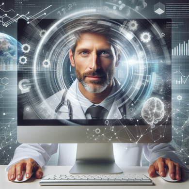 Un médico está sentado frente a un monitor de computadora.