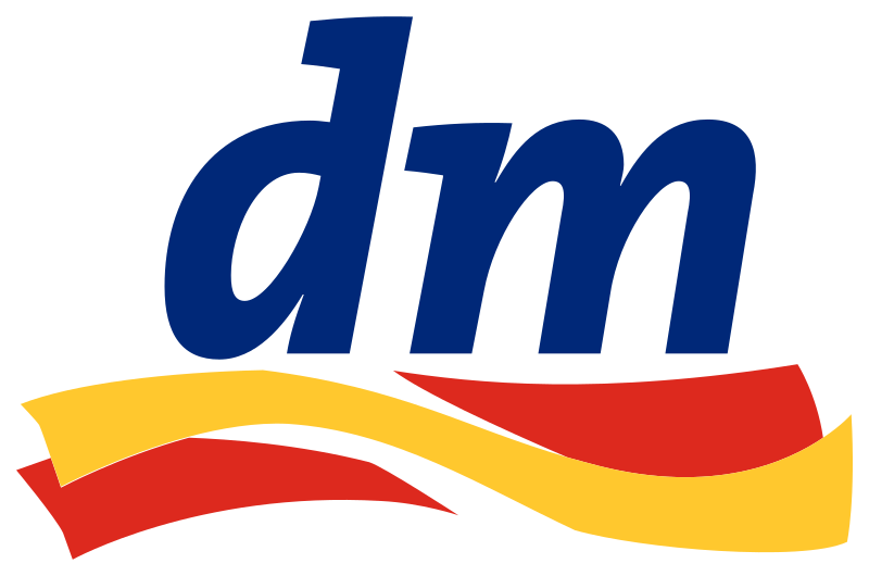 Ein blau-gelbes DM-Logo mit roten und gelben Wellen