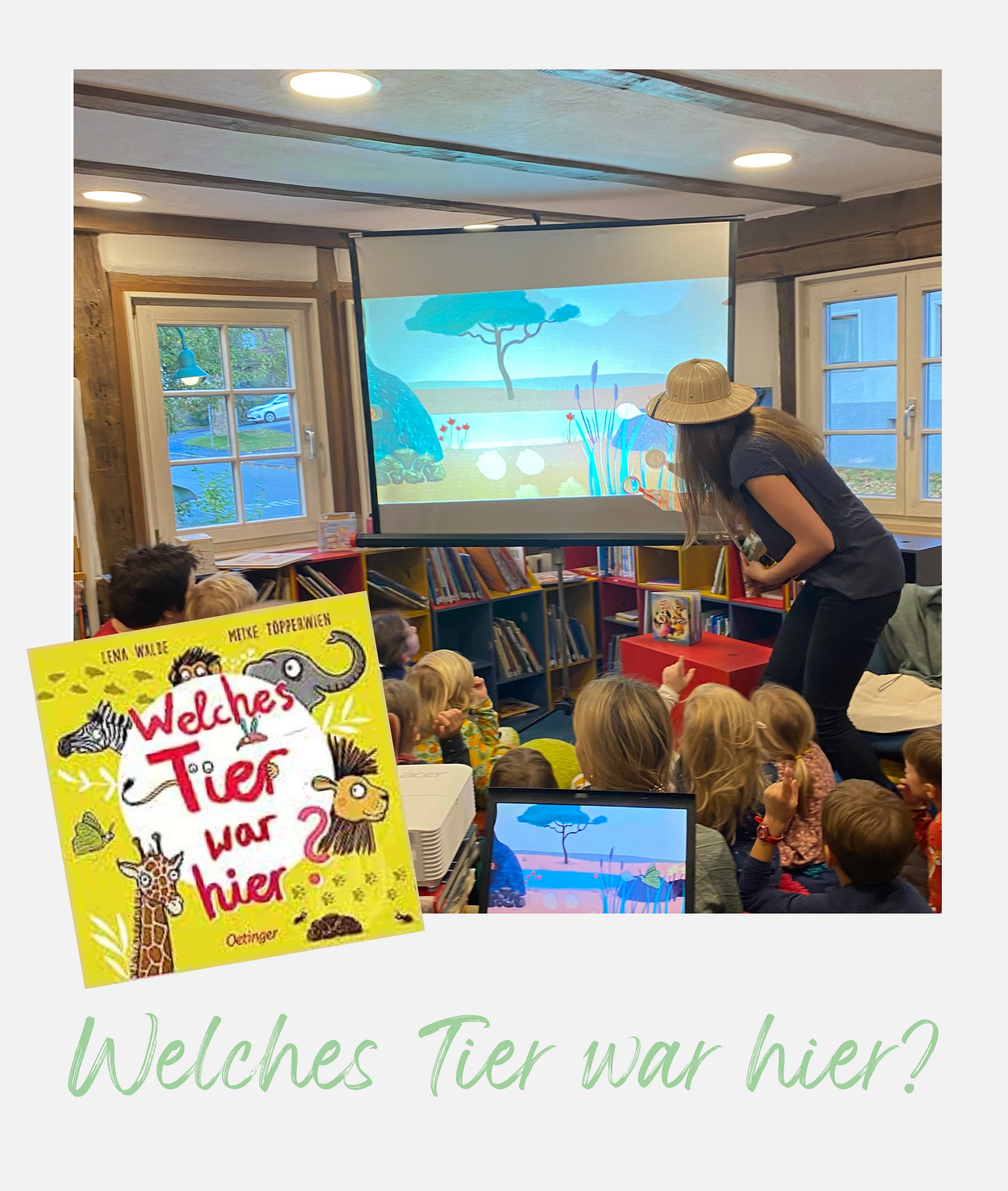 Lena Walde ist, als Savannenforscherin verkleidet, bei einer Lesung mit Kindern zu sehen.