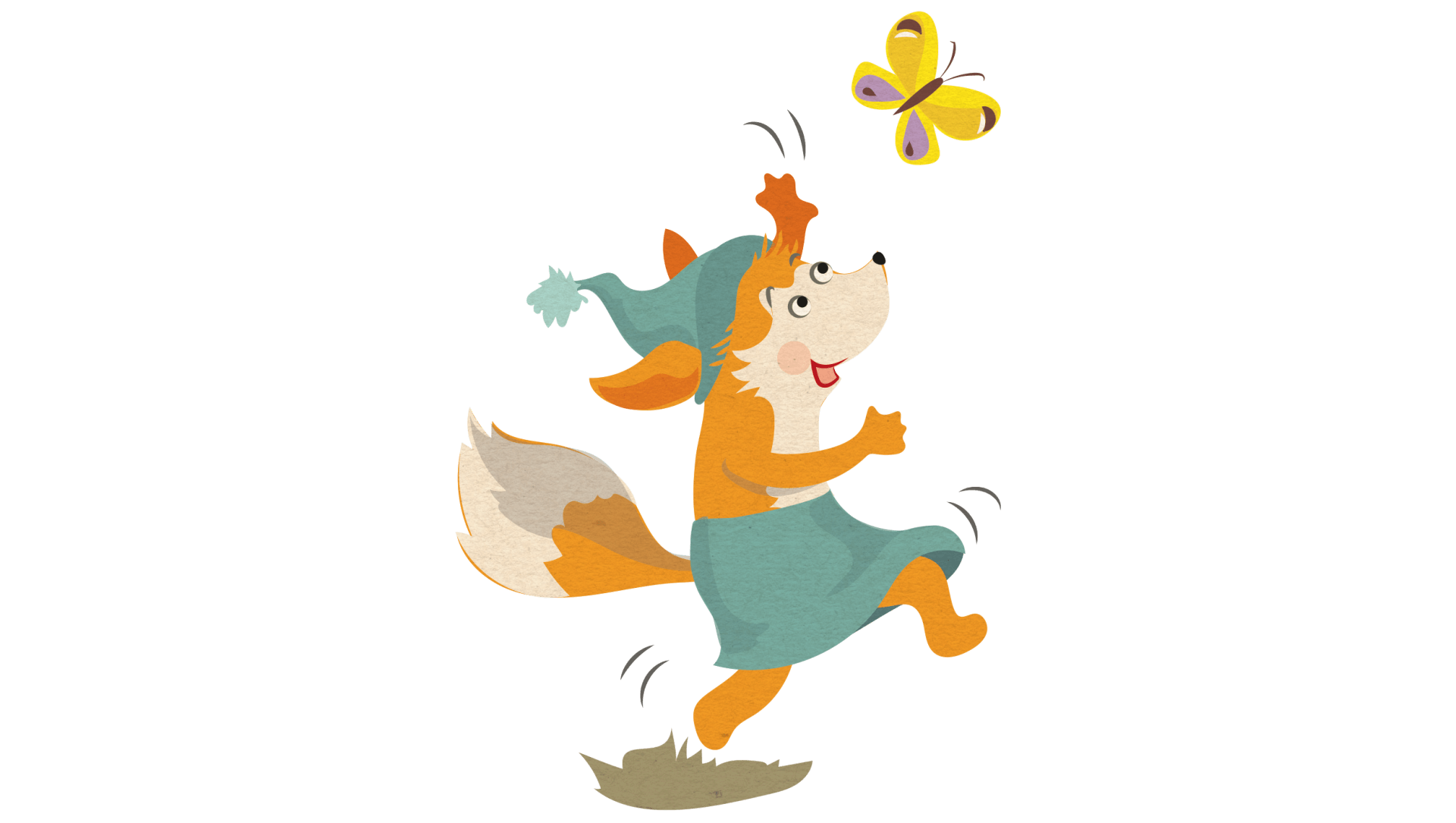 Ein Cartoon-Fuchs rennt auf einen gelben Schmetterling zu