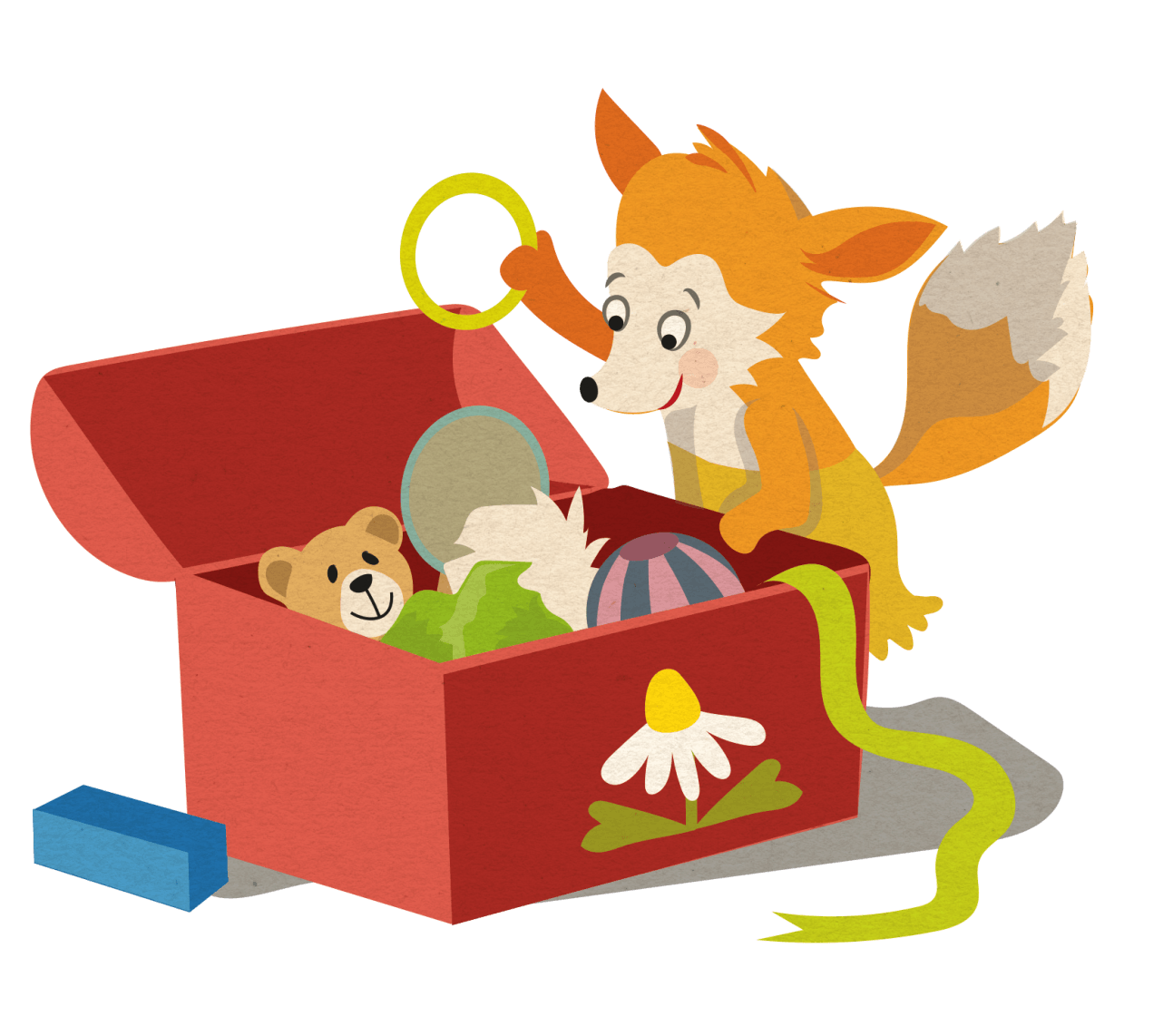 Illustration von Katja Jäger Ein Fuchs spielt mit Spielzeug in einer roten Kiste