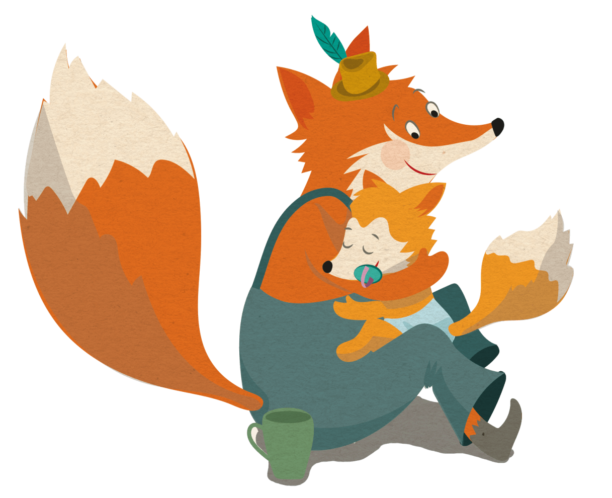 Ein Fuchs im Overall hält ein Fuchsbaby