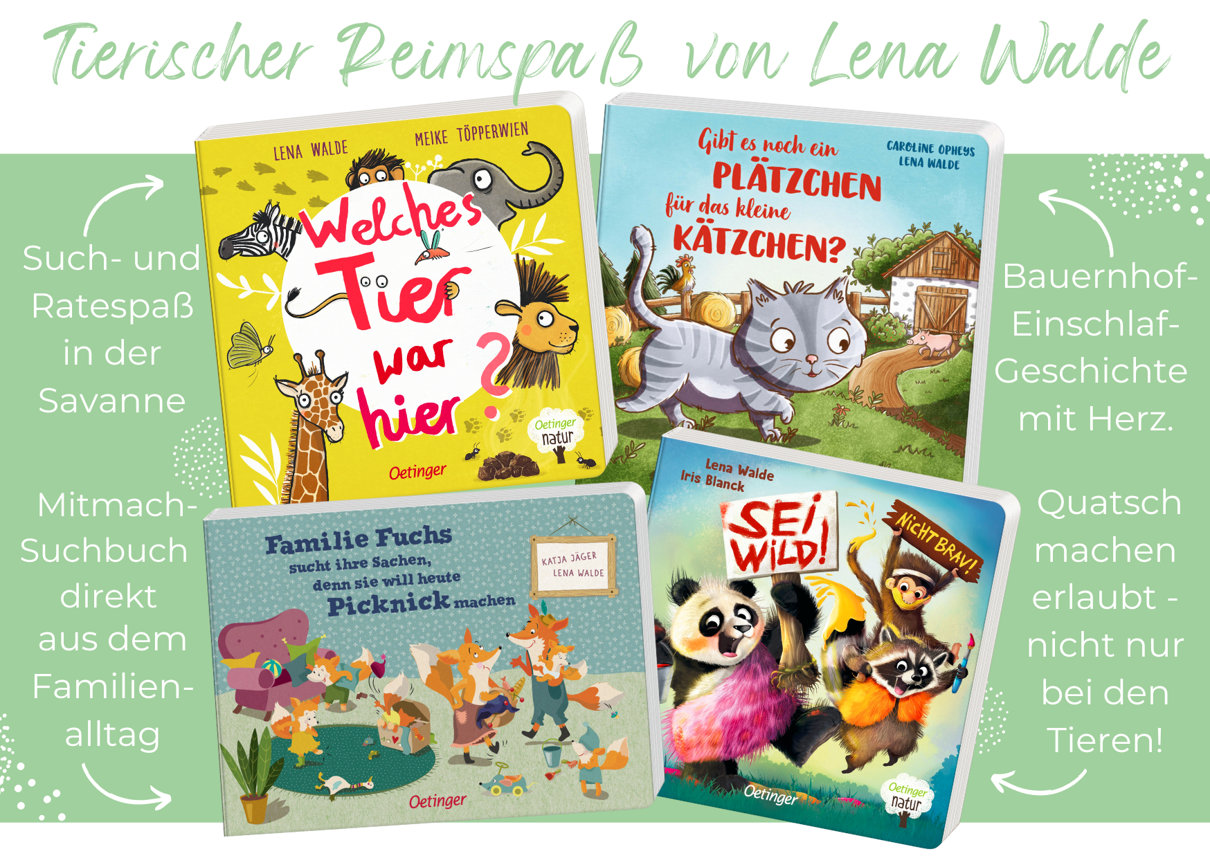 Vier Kinderbücher von Lena Walde werden auf einem grünen Hintergrund angezeigt