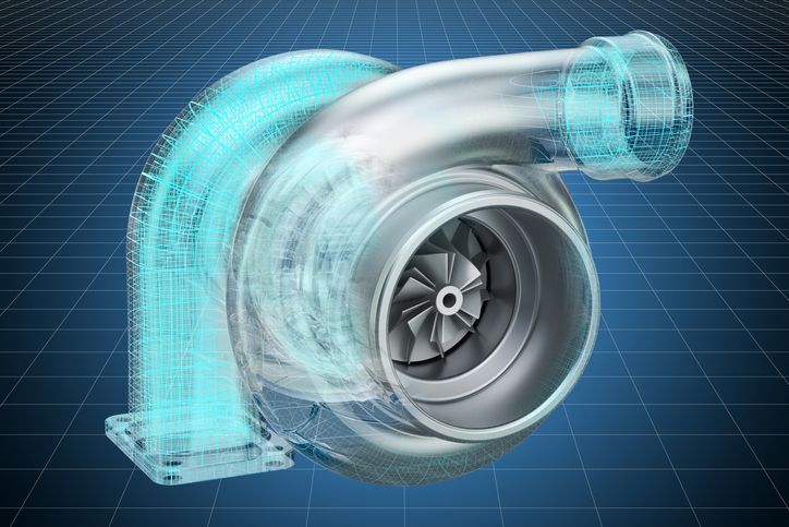 Una imagen generada por computadora de un turbocompresor sobre un fondo azul.