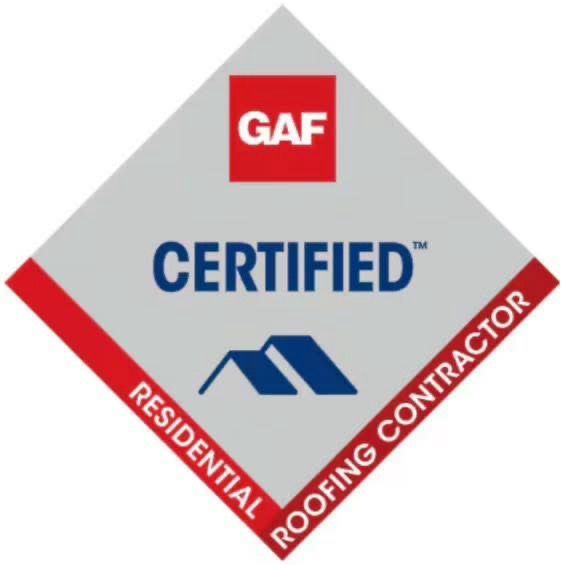 Diamond-shaped GAF Certified Residential Roofing Contractor logo in red, white, blue, and grey.