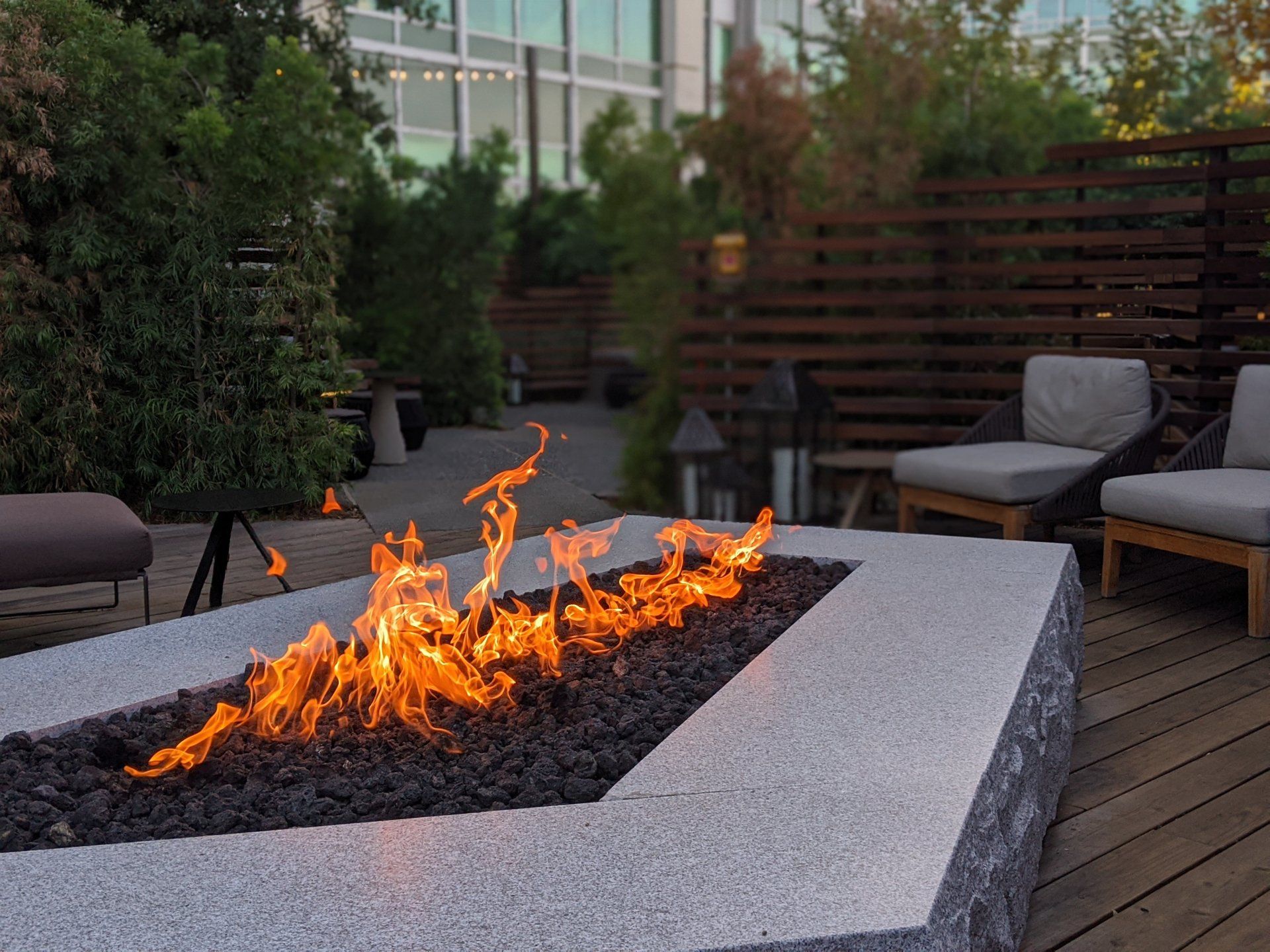 Bonfire and fire pit by rustic lounge