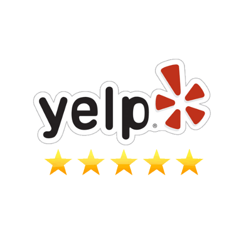 A yelp logo with five stars on a white background.