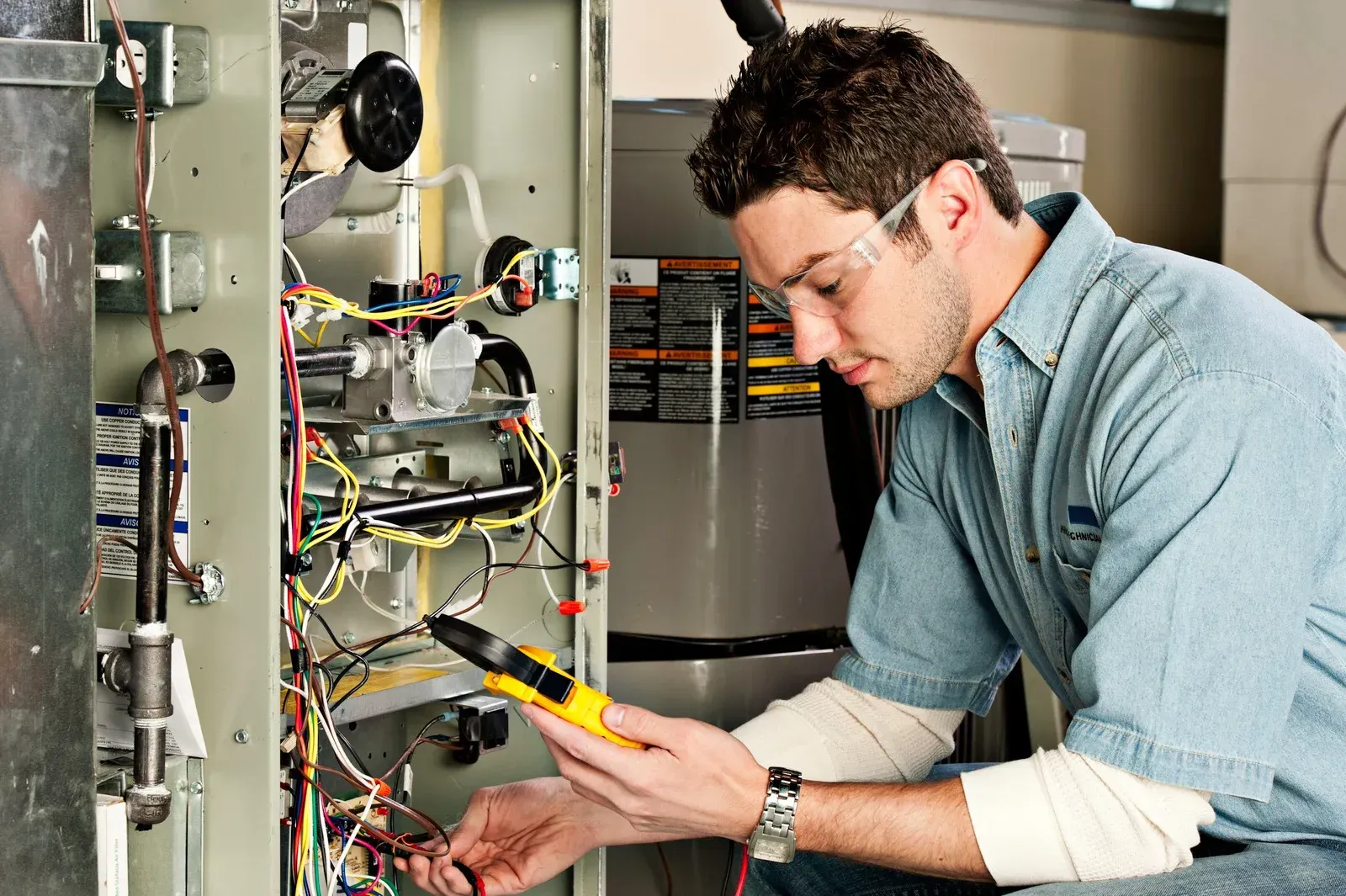 Technician with a drill installing an air conditioner unit on a white wall.