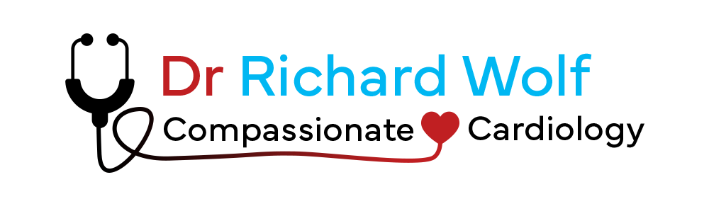 Dr. Richard Wolf Compassionate Cardiology logo with stethoscope and red heart icon