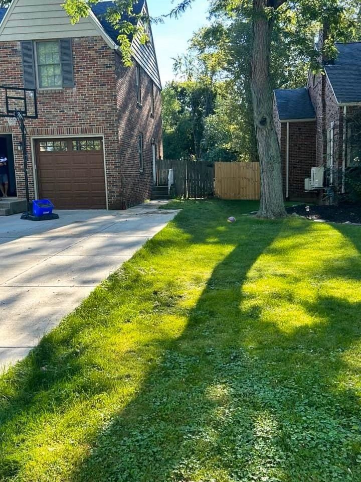 Suburban driveway beside a brick house, green lawn, and wooden fence with trees in bright sunlight