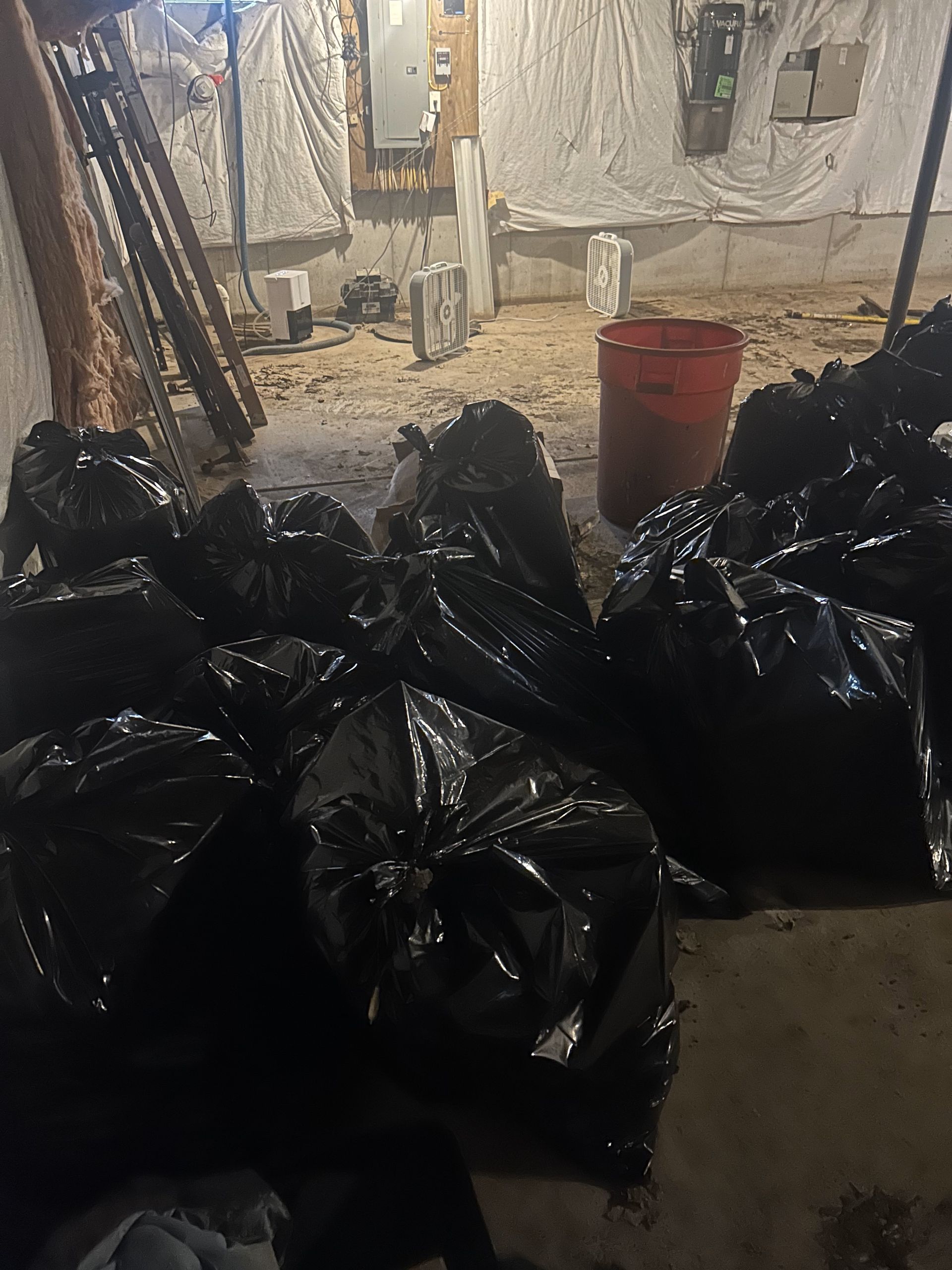 Piles of black garbage bags in a dim basement with a red bucket and hanging clothes in the background