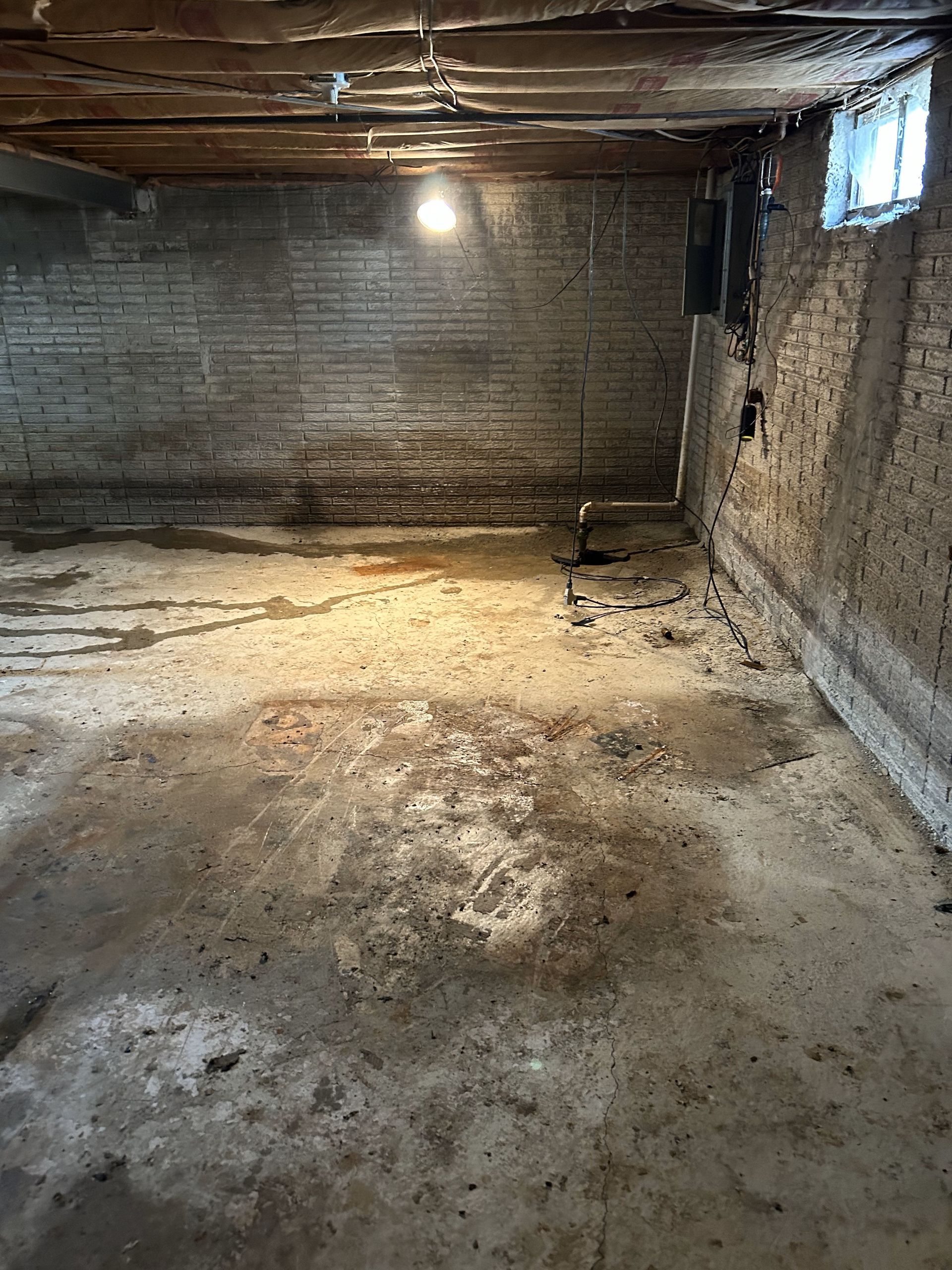 Empty unfinished basement with rough brick walls, exposed ceiling, and a bare light bulb.