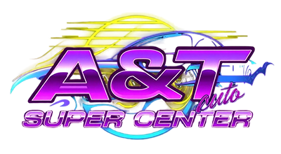 The A&T Super Center logo with purple metallic lettering and a stylized, translucent blue and yellow background graphic.