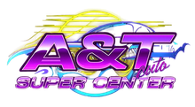 The A&T Super Center logo with purple metallic lettering and a stylized, translucent blue and yellow background graphic.