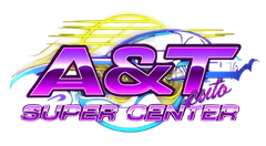 The A&T Super Center logo with purple metallic lettering and a stylized, translucent blue and yellow background graphic.