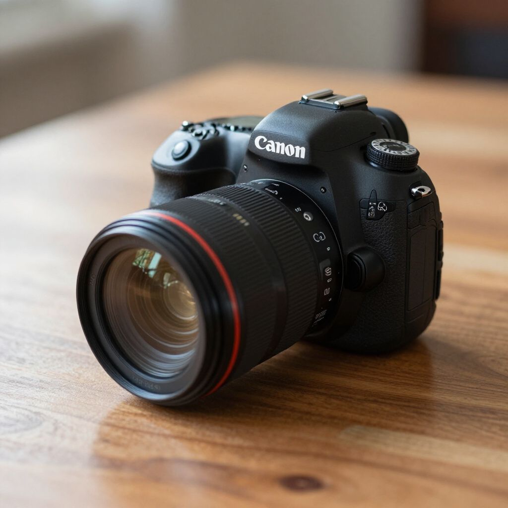 Zwarte Canon DSLR-camera met lens, op een houten tafel.